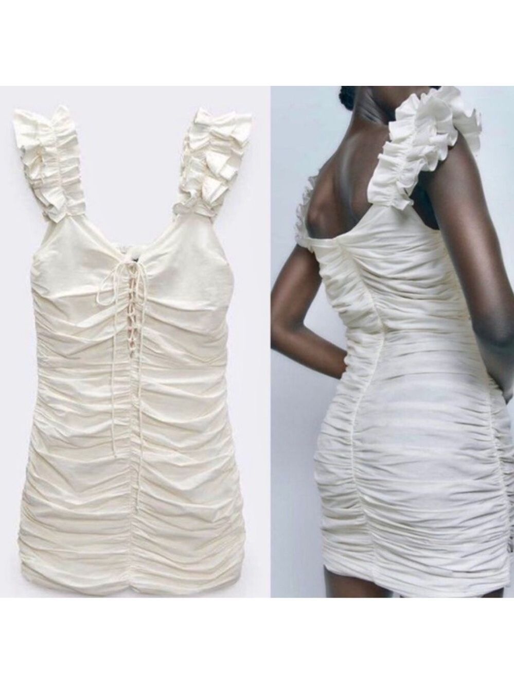 Zara Ruched Bodycon Mini Dress Ruffled Strappy Ivory White Party Dress Sz S